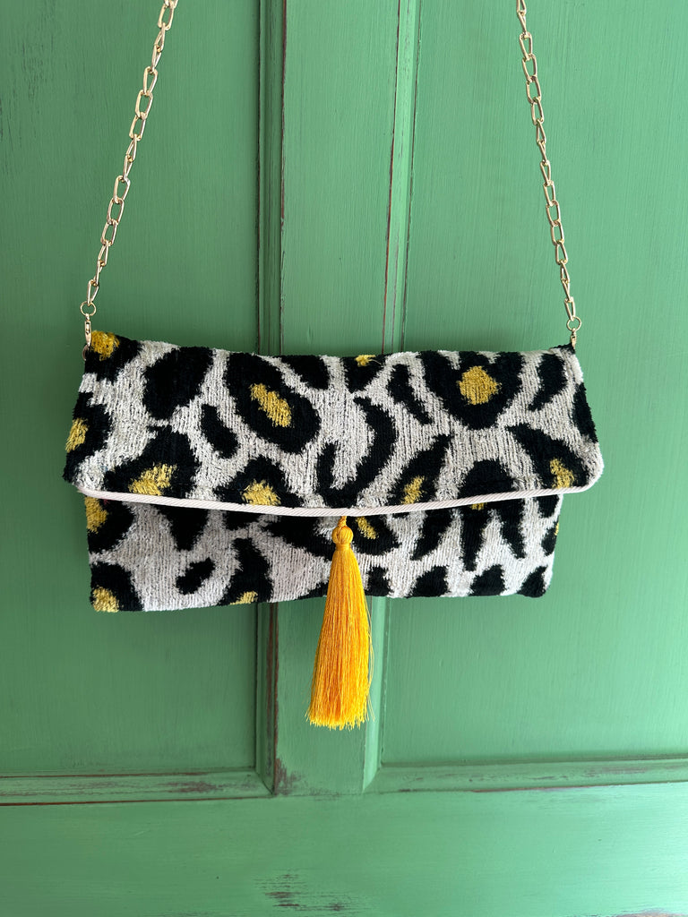 Leopard Print Ikat velvet clutch bag