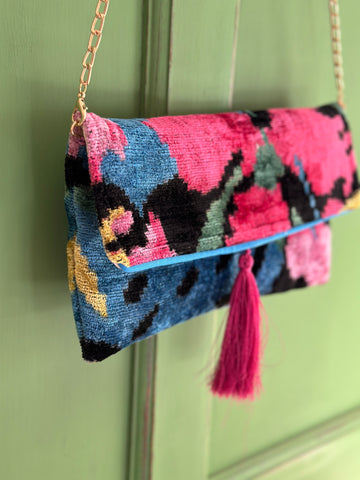 Floral Ikat velvet clutch bag