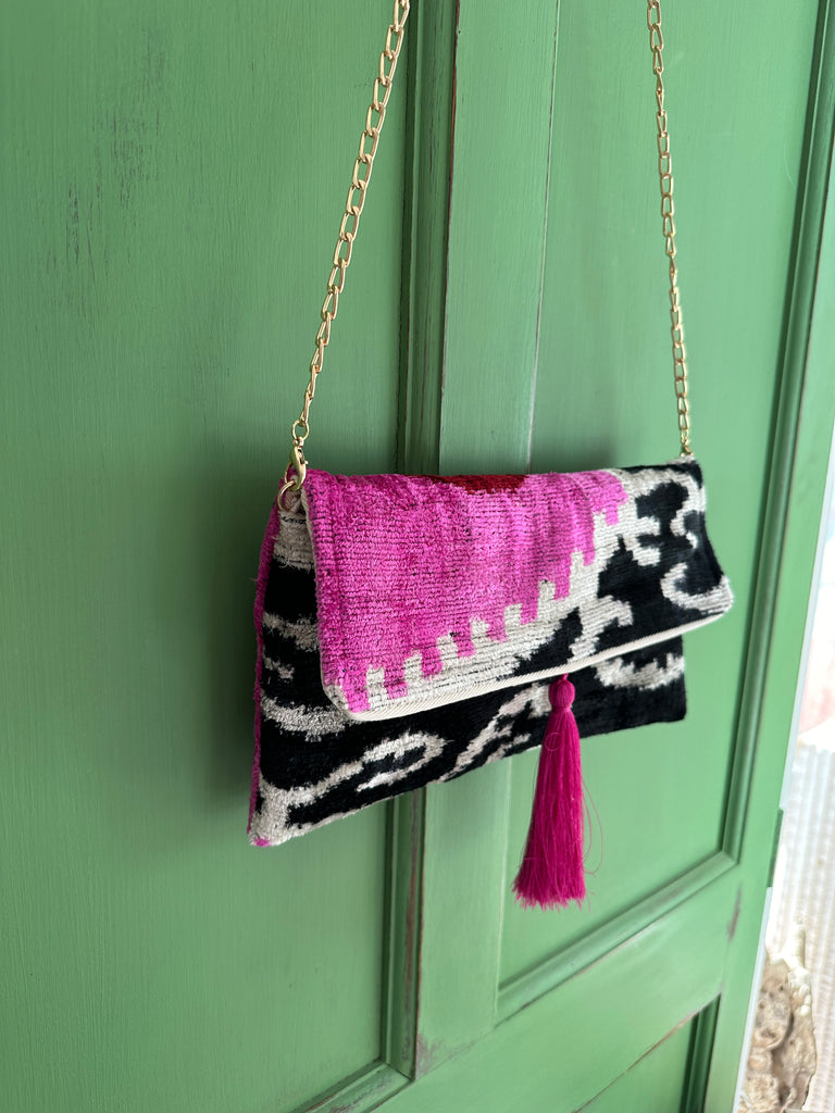 Black Pink Ikat velvet clutch bag