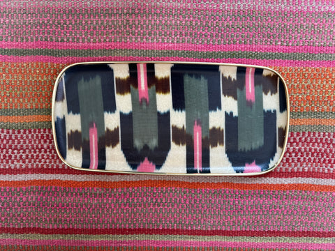 Green  & Pink Ikat rectangular silk ikat fibreglass tray