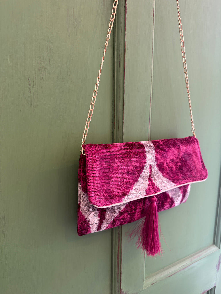 Dark Pink Ikat velvet clutch bag