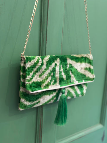 Green Zebra  Ikat velvet clutch bag