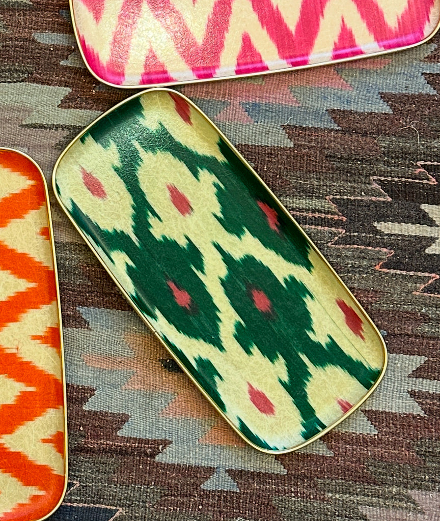 Green & Pink Ikat rectangular silk ikat fibreglass tray