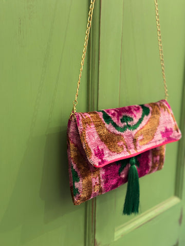 Pink & Green Silk Ikat clutch bag