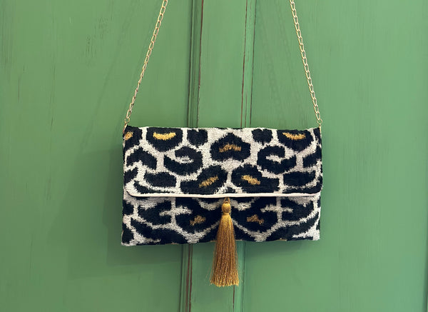 Leopard Print Ikat velvet clutch bag