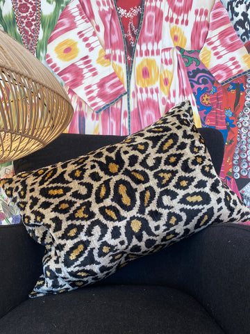 Leopard design velvet ikat cushion